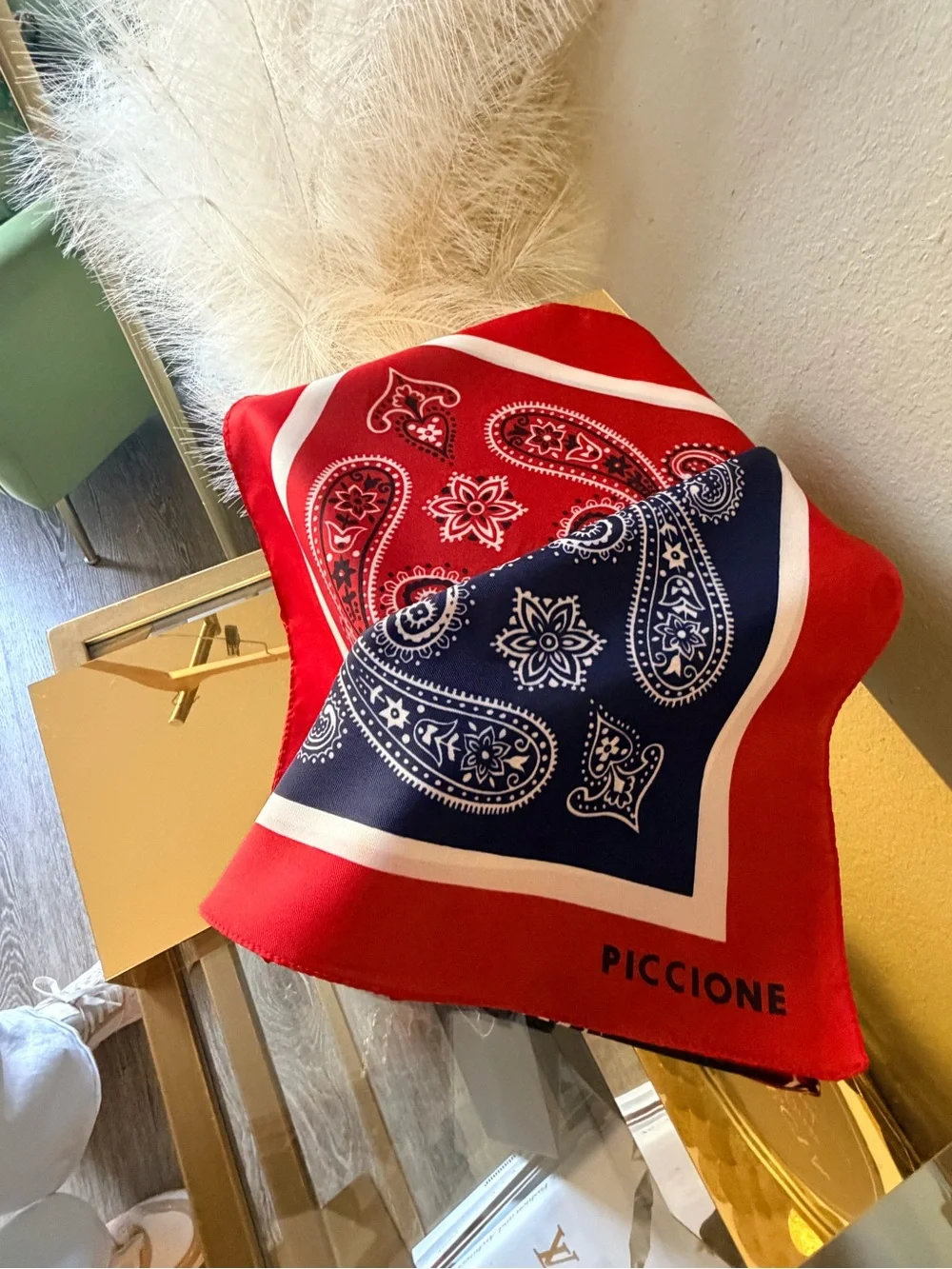 Piccione Red Navy Paisley Bandana Print Square Scarf 26” Vintage Style